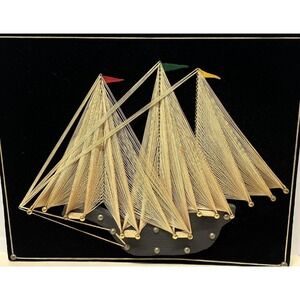 MCM String Art Sailboat Clipper Ship Boat Mid Century Coastal Nautical‎ Velvet